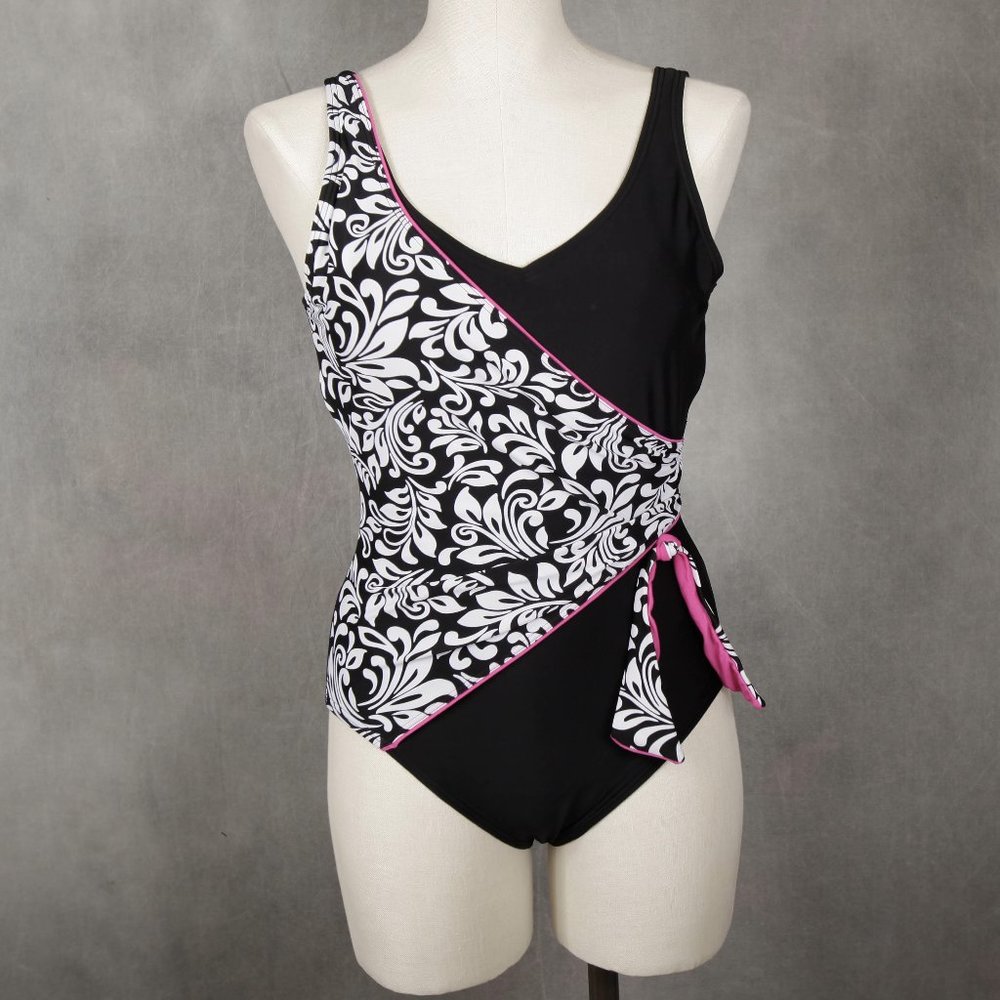 Tropical Escape One Piece Swimsuit size 8 B&W pink